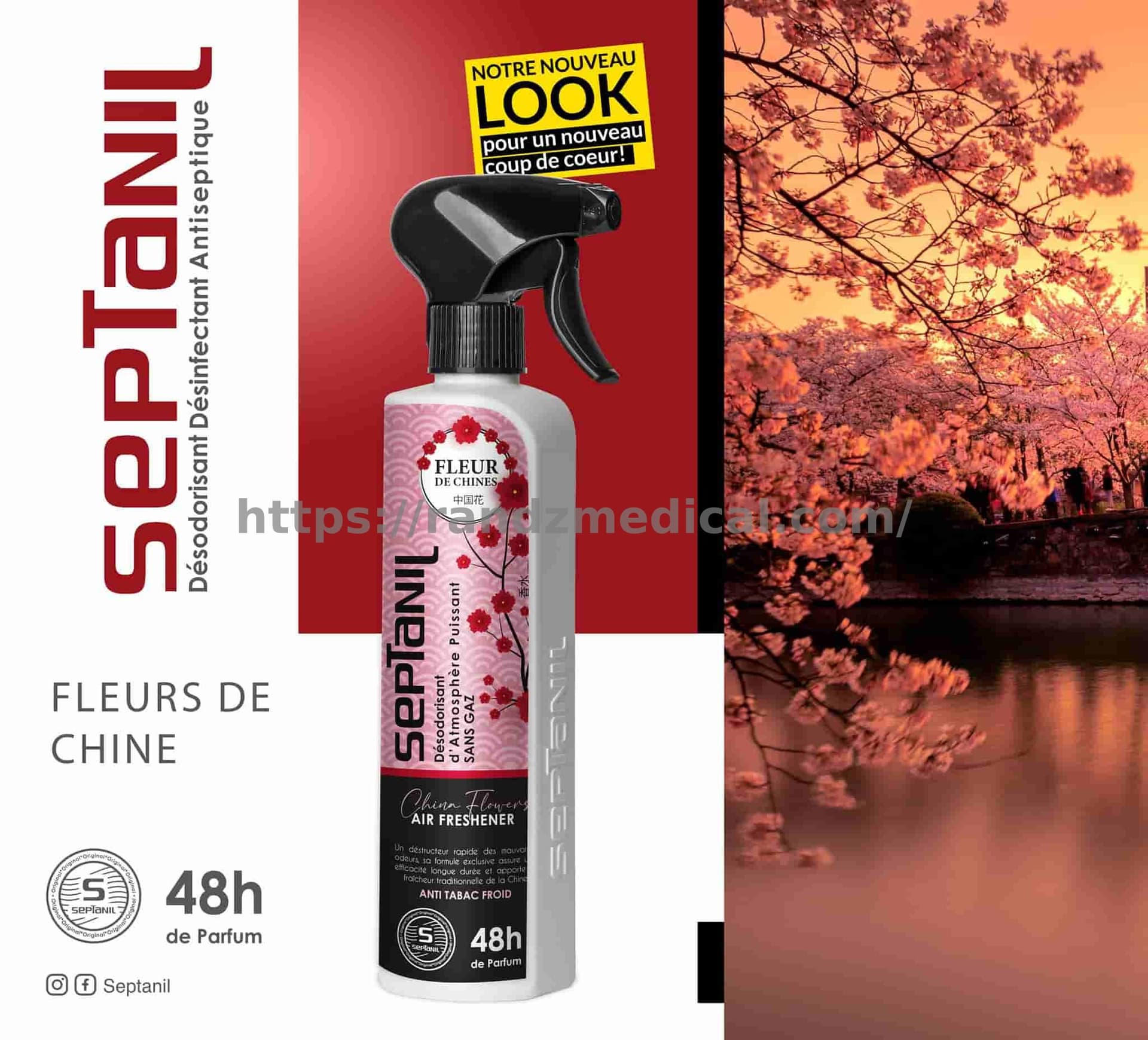 DESODORISANT D'ATMOSPHERE PUISSANT "FLEUR DE CHINE" 500mL SEPTANIL