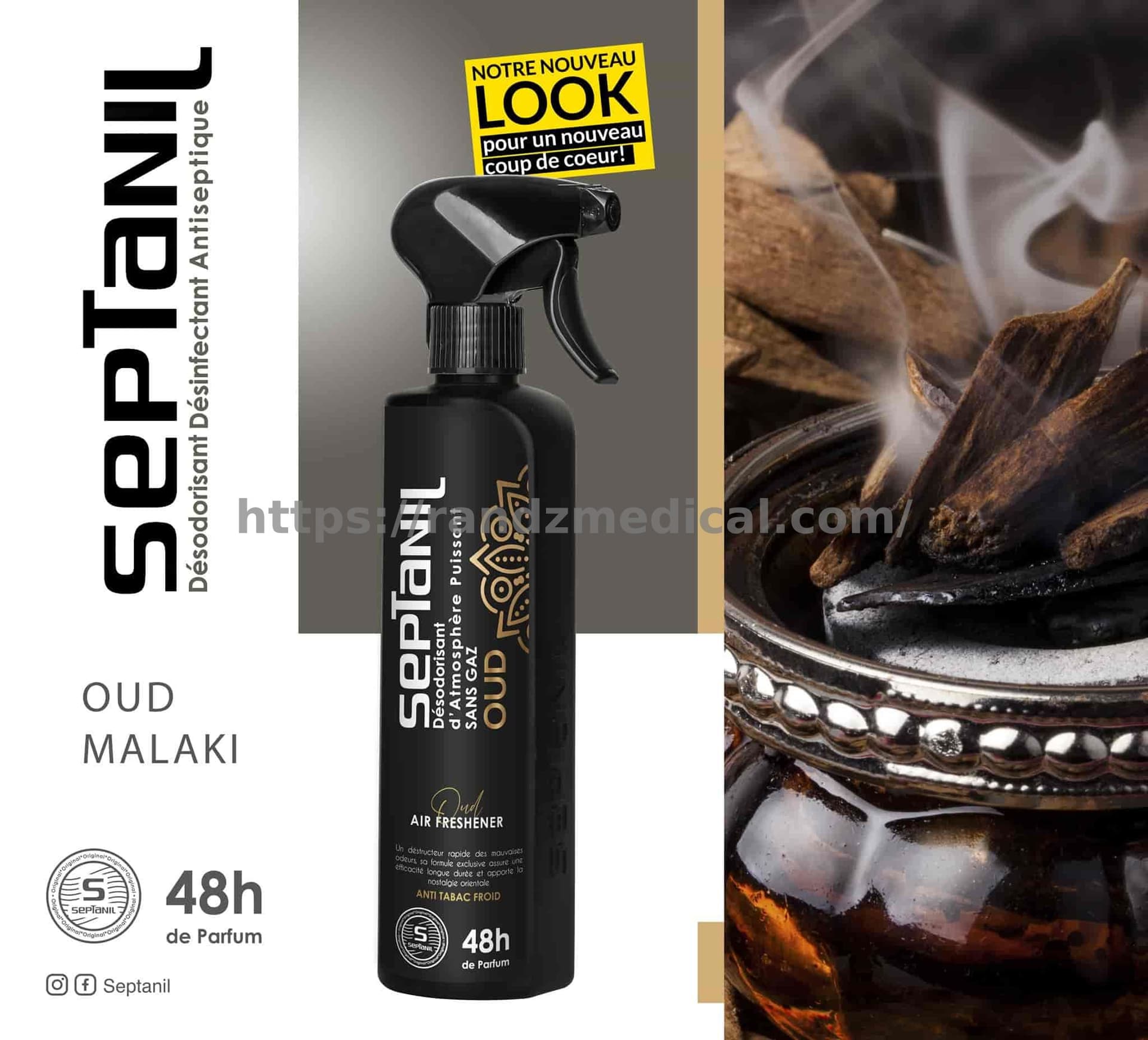 DESODORISANT D'ATMOSPHERE PUISSANT "OUD MALAKI" 500mL SEPTANIL