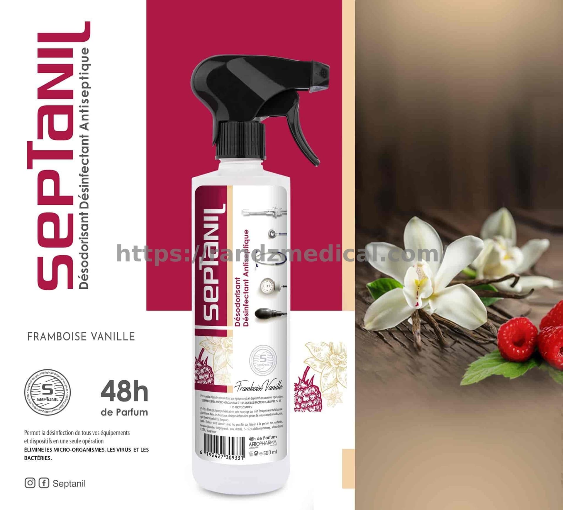 DESINFECTANT DESODORISANT ASEPTIQUE "FRAMBOISE VANILLE" 500ML SEPTANIL