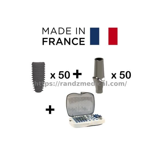 50 x IMPLANTS + 50 x PILIERS (DROITS ET/OU ANGULES) + TROUSSE